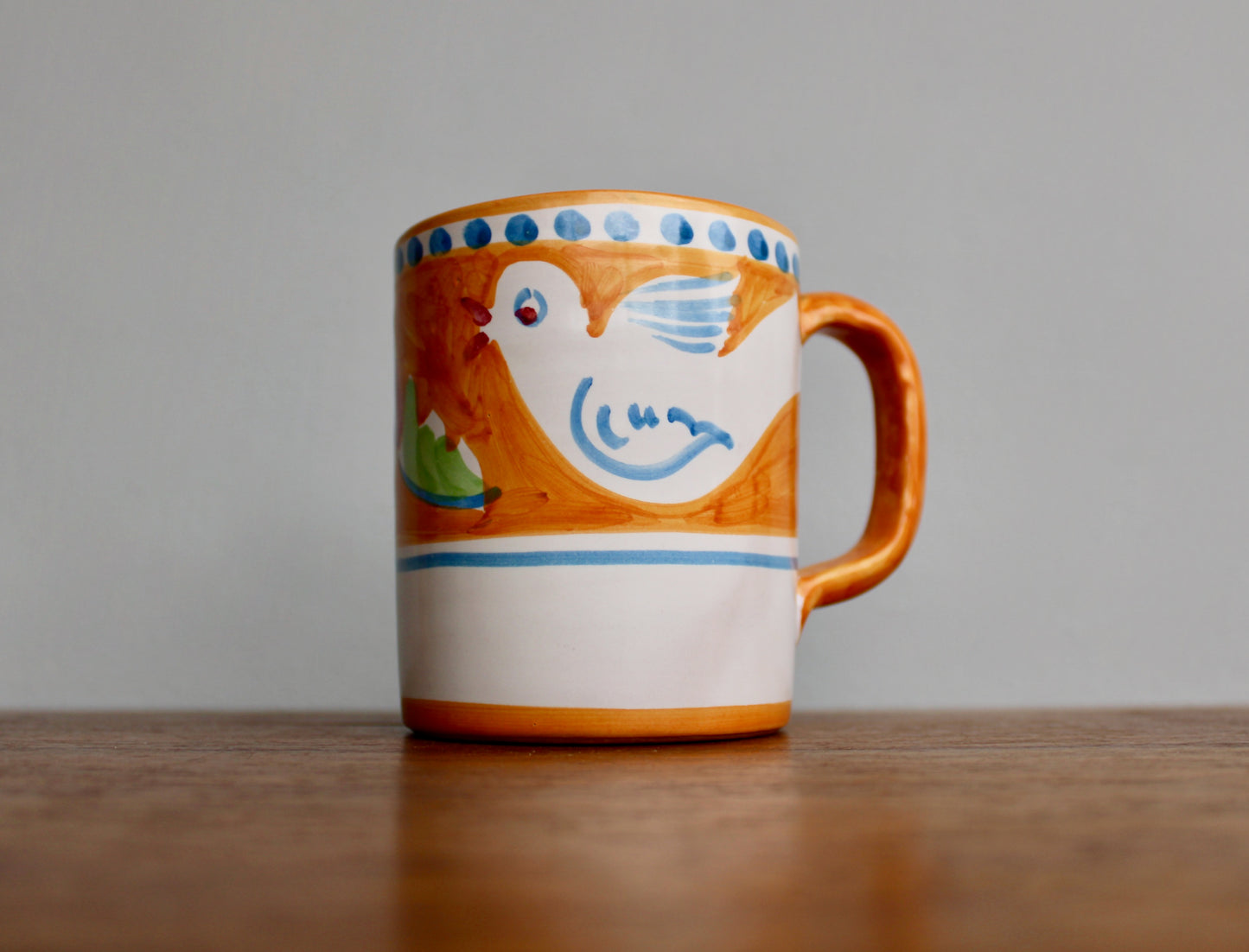 SOLD:  1984 Italy Vietri Mug in Campagna Bird (Uccello) Decoration - Yellow-Orange Mid Century Italy Earthenware