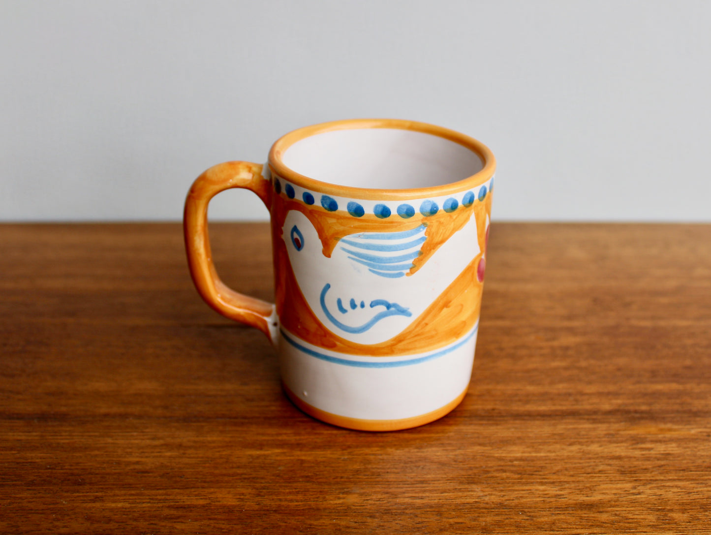 SOLD:  1984 Italy Vietri Mug in Campagna Bird (Uccello) Decoration - Yellow-Orange Mid Century Italy Earthenware