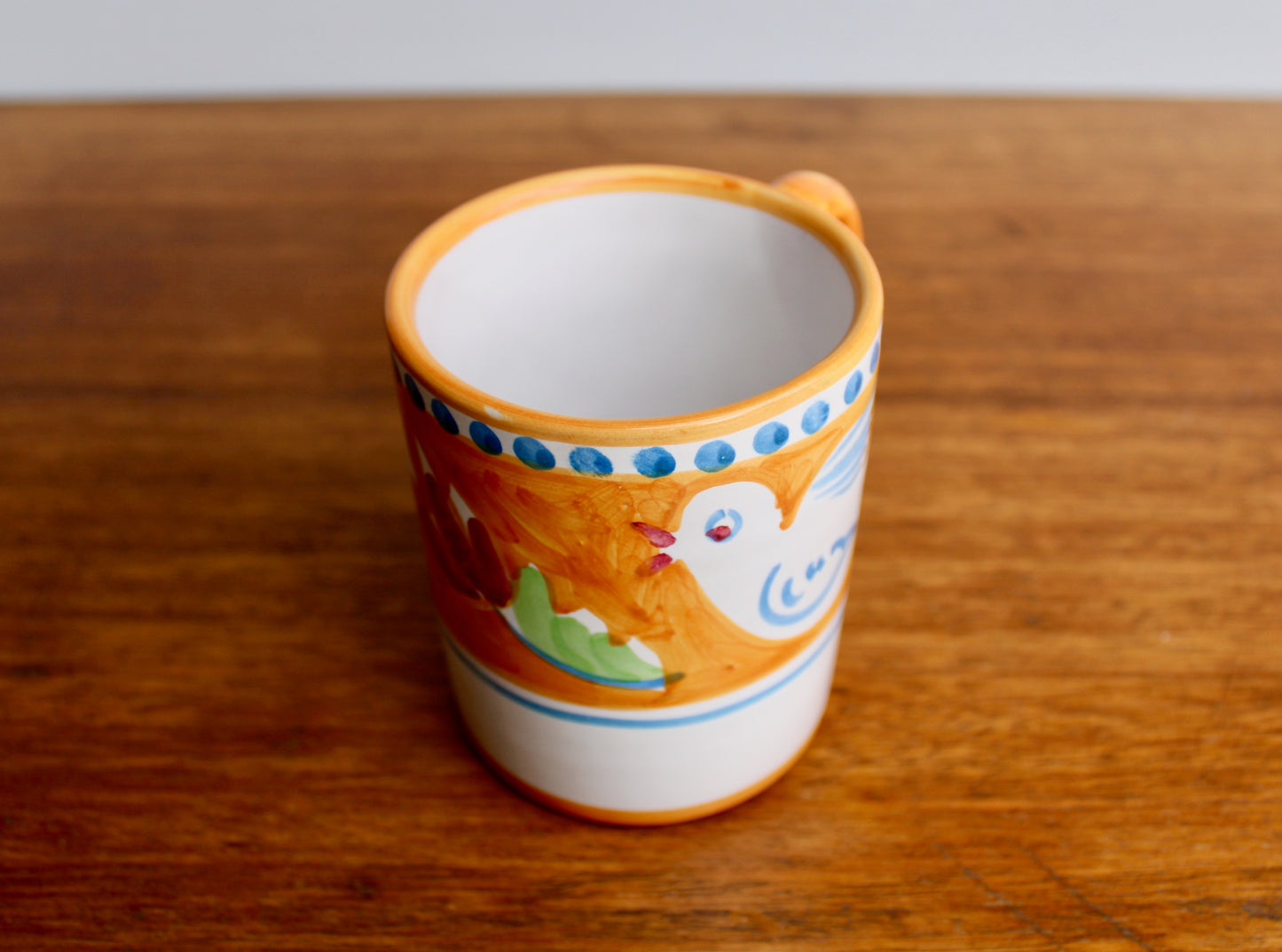 SOLD:  1984 Italy Vietri Mug in Campagna Bird (Uccello) Decoration - Yellow-Orange Mid Century Italy Earthenware