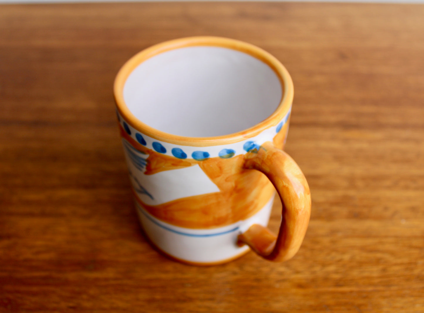 SOLD:  1984 Italy Vietri Mug in Campagna Bird (Uccello) Decoration - Yellow-Orange Mid Century Italy Earthenware