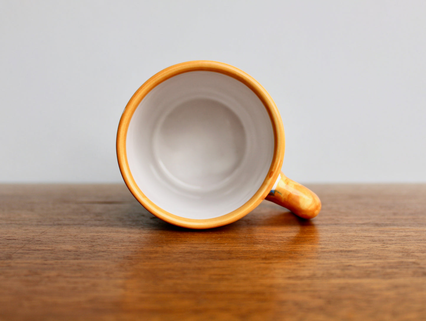 SOLD:  1984 Italy Vietri Mug in Campagna Bird (Uccello) Decoration - Yellow-Orange Mid Century Italy Earthenware