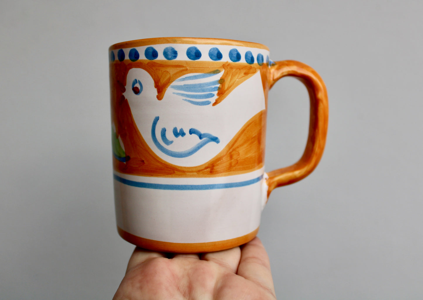 SOLD:  1984 Italy Vietri Mug in Campagna Bird (Uccello) Decoration - Yellow-Orange Mid Century Italy Earthenware